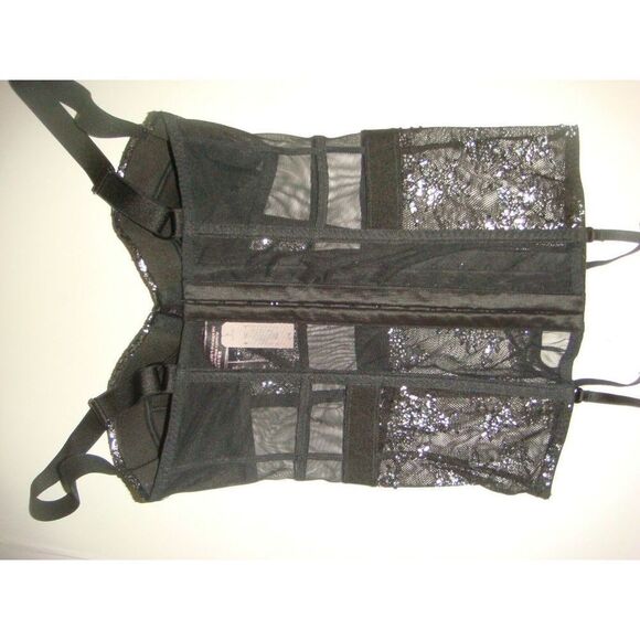 Victoria's Secret 32B GARTER corset+TEDDY one-piece+XS thong BLACK silver foil - Picture 4 of 8